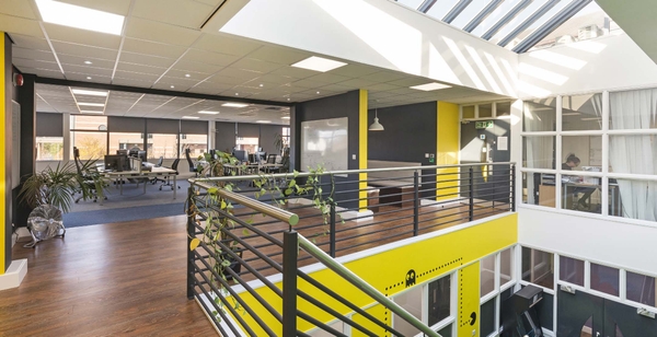 Clicksco office, a yellow and black themed office space with plants and pacman on the wall