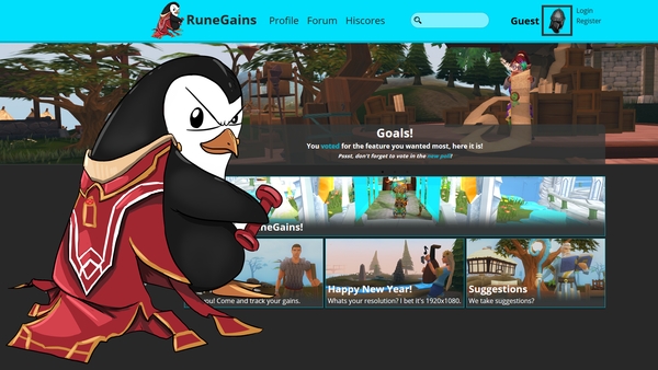 A penguin wearing a Max Cape from RuneScape, and holding a Dumbbell. In the background is the RuneGains website.